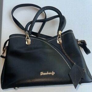 Chic Black Faux Leather Satchel‎ Handbag Butterfly Charm Gold Accents